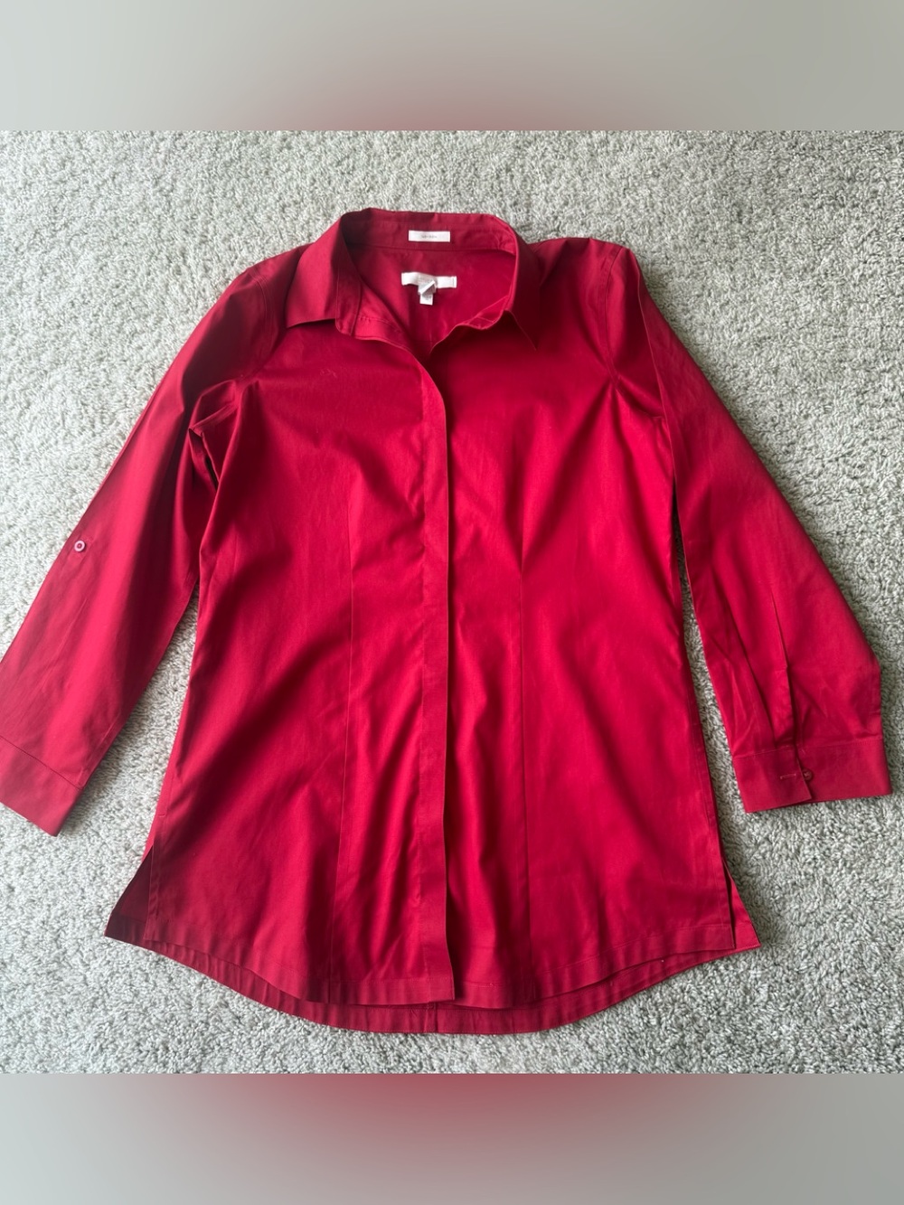 Chicos 100% Cotton No Iron Red Shirt Blouse Sz 1 (8-10) Long Sleeve Button Front